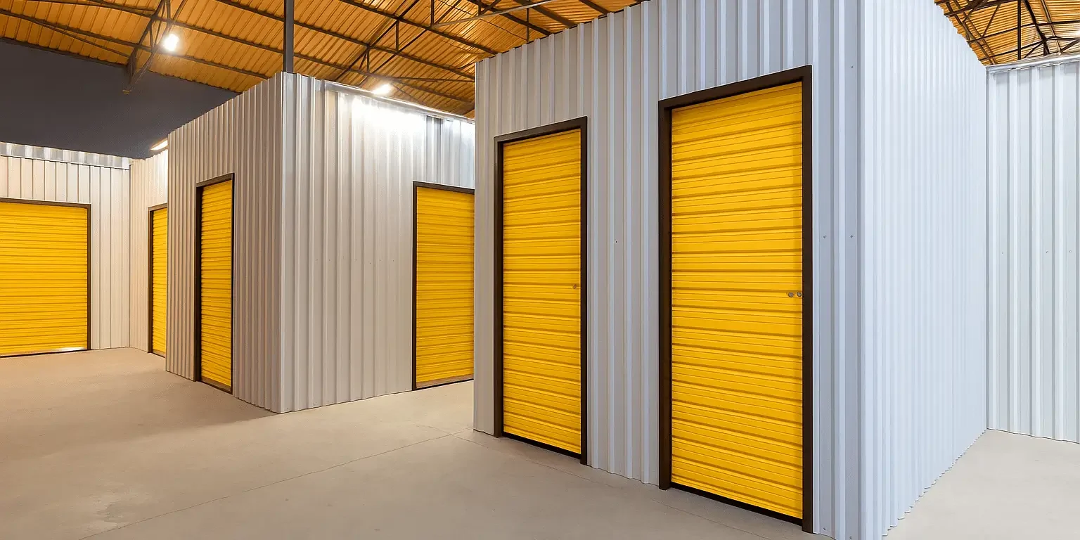 A warehouse with two yellow doors and one door closed.