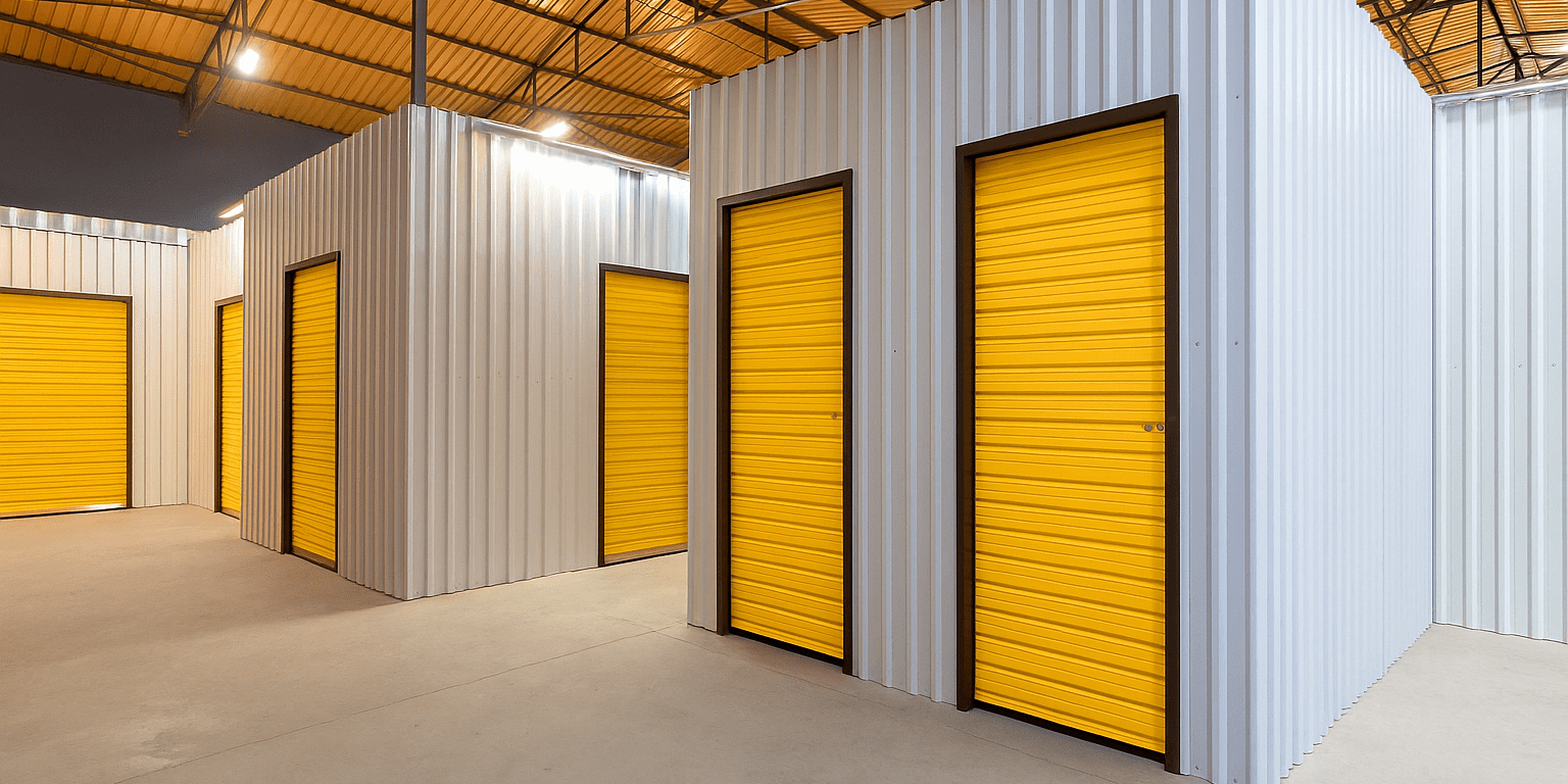 reserve your stotage A warehouse with two yellow doors and one door closed.